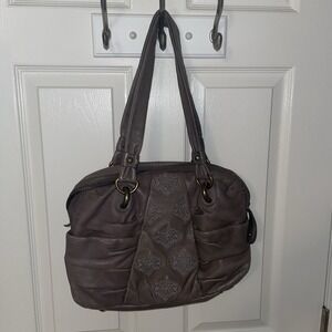 ISABELLA FIORE LEATHER EMBROIDERED PURSE SHOULDER BAG HANDBAG GRAY EUC